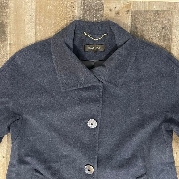 Ellen Tracy Winter Pea Coat Button Front Longline Wool Angora Women's 12 Navy - Picture 12 of 16